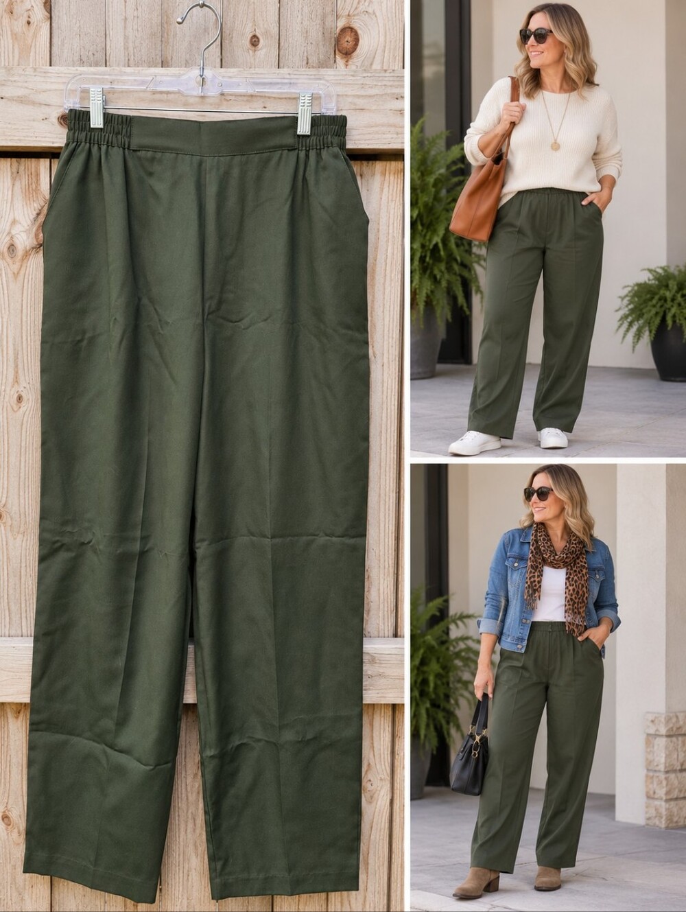 Vintage Terrazo Olive Green Pull-On Pants Size 14 NWT Elastic Waist Pockets